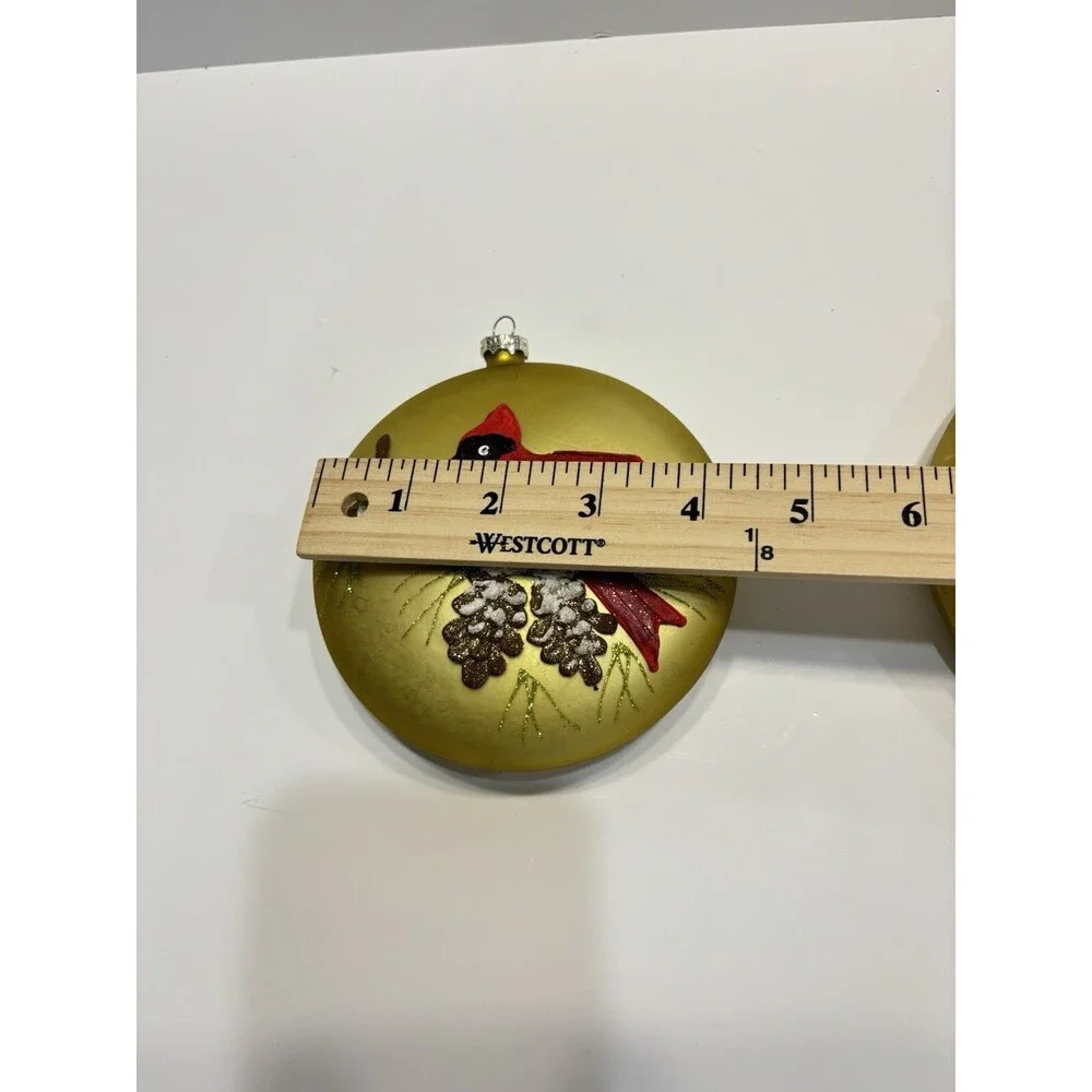Vtg Christmas Ornaments Glass Red CARDINAL Bird Gold Handpainted Set Christmas